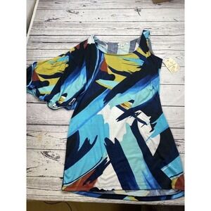 Derek Heart Plus Womens Abstract Print One Shoulder Tunic Top Blue 1X NEW